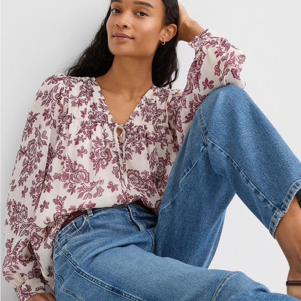 LOFT Floral Blouse in Pink and White